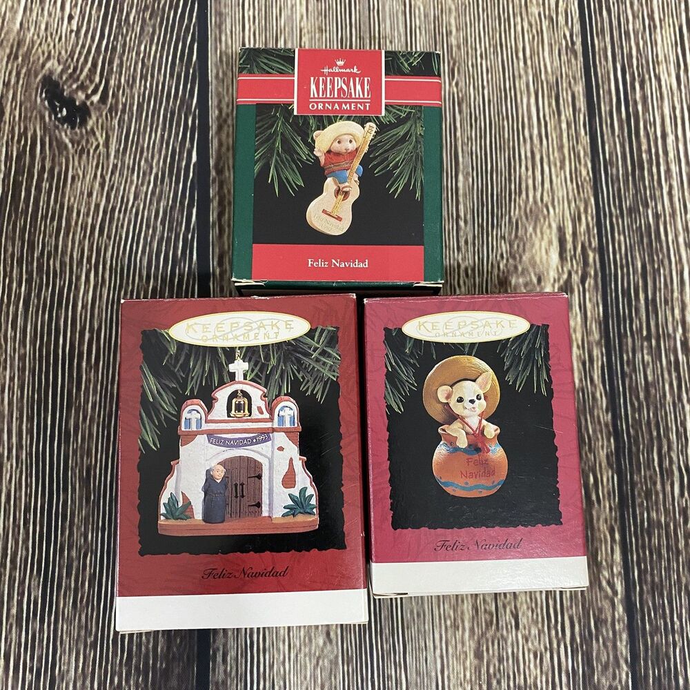 Lot of 3 Hallmark 'Feliz Navidad' Holiday Tree Ornaments 1992 1993 & 1994